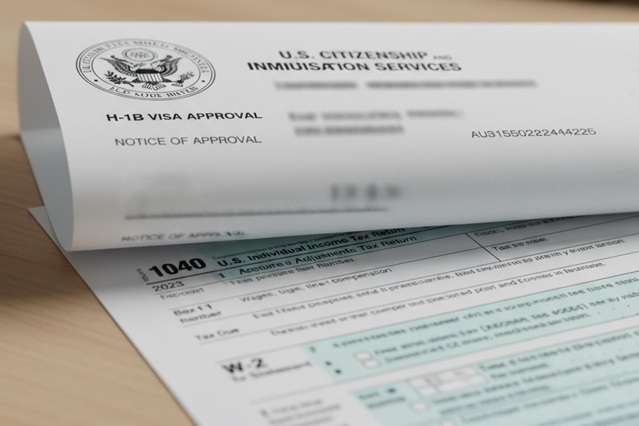 H-1B visa approval notice placed on top of IRS Form 1040 tax return, illustrating the connection between immigration status and U.S. tax obligations.